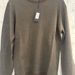 Italian Cashmere Blend Herringbone Crewneck Sweater – Taupe – Size 52 (XL) – NWT